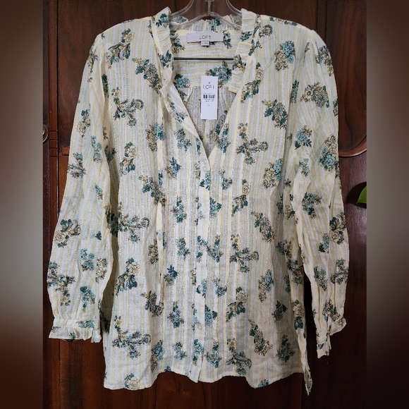 NWT LOFT Bouquet Pintucked Tie Neck Blouse - Picture 3 of 7